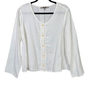 FLAX White Linen Button Front Blouse Pintuck Back Round Neck Size 8 (Flax Size S
